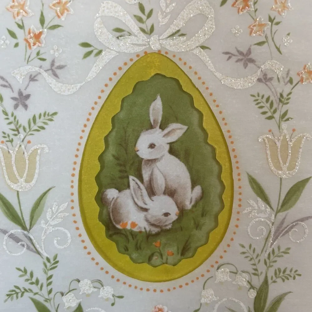Vtg Buzza Cardozo Rabbit Parchment Easter Spring Die Cut Glitter Greeting Card